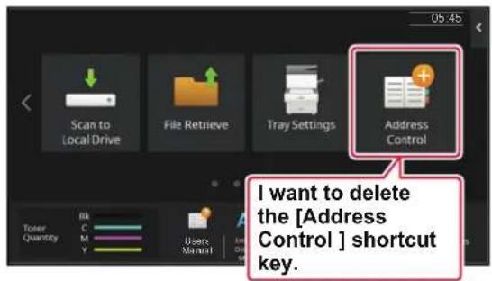 05:45, Scan to Local Drive, File Retrieve, Tray Settings, Address Control, I want to delete the [Address Control] shortcut key. Toler Quantity, Bk, C, M, Y, Users Manual