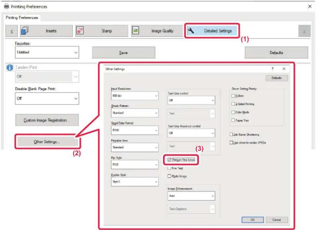 Printing Preferences dialog box with tabs: Inserts, Stamp, Image Quality, Detailed Settings. Favorites: Untitled, Save, Defaults. Tandem Print: Off. Disable Blank Page Print: Off. Buttons: Custom Image Registration..., Other Settings... Other Settings dialog: Input Resolution: 600 dpi, Shade Pattern…