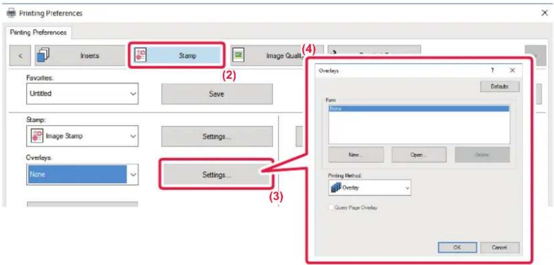 Printing Preferences dialog box with tabs: Inserts, Stamp, Image Quality. Favorites: Untitled. Save button. Stamp section: Image Stamp with Settings... Overlays: None with Settings... Overlays. Defaults button. Form: None with New..., Open..., Delete. Printing Method: Overlay. Query Page Overlay. OK…