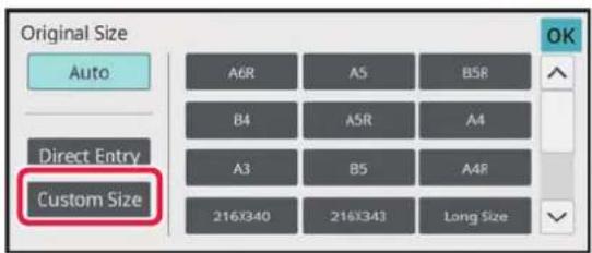 Original Size: Auto. A6R, A5, B5R, B4, A5R, A4, A3, B5, A4R, 216x340, 216x343, Long Size. Direct Entry. Custom Size. OK.