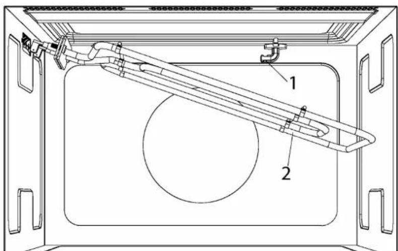 Technical diagram of a mechanical assembly with labeled parts 1 and 2, showing internal components and housing structure.