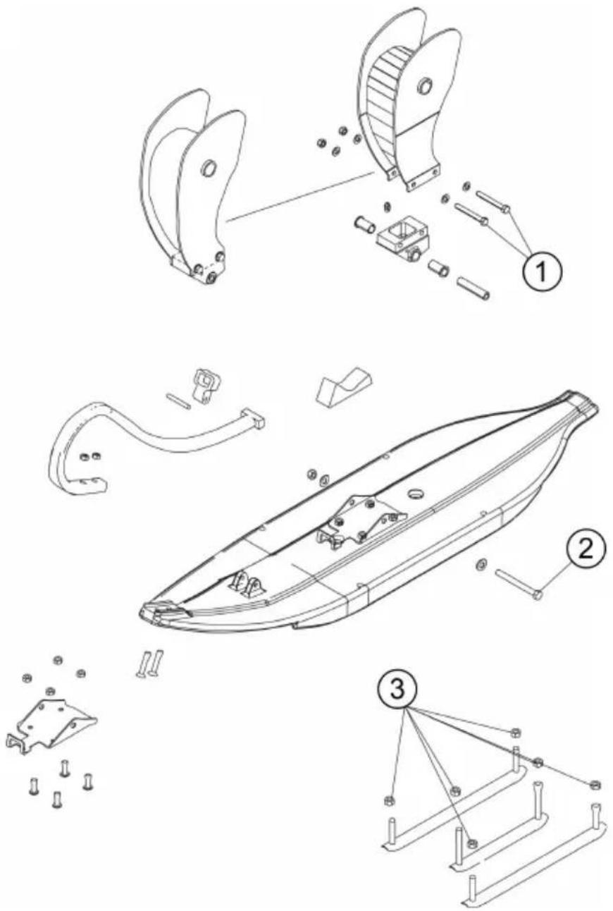 Technical diagram of a boat's internal components with numbered parts and exploded views