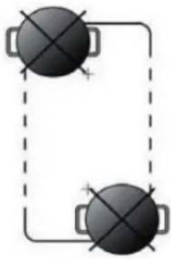 Simple diagram of two black circular objects connected by a dashed line, with no text or symbols present.