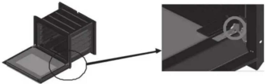 Diagram showing a device with a lid open and connected to a close-up of its internal structure (no text or symbols present)