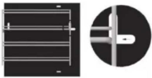 Technical diagram showing two views of a metal frame structure: one with horizontal lines and the other with a cylindrical pin (no text or symbols)