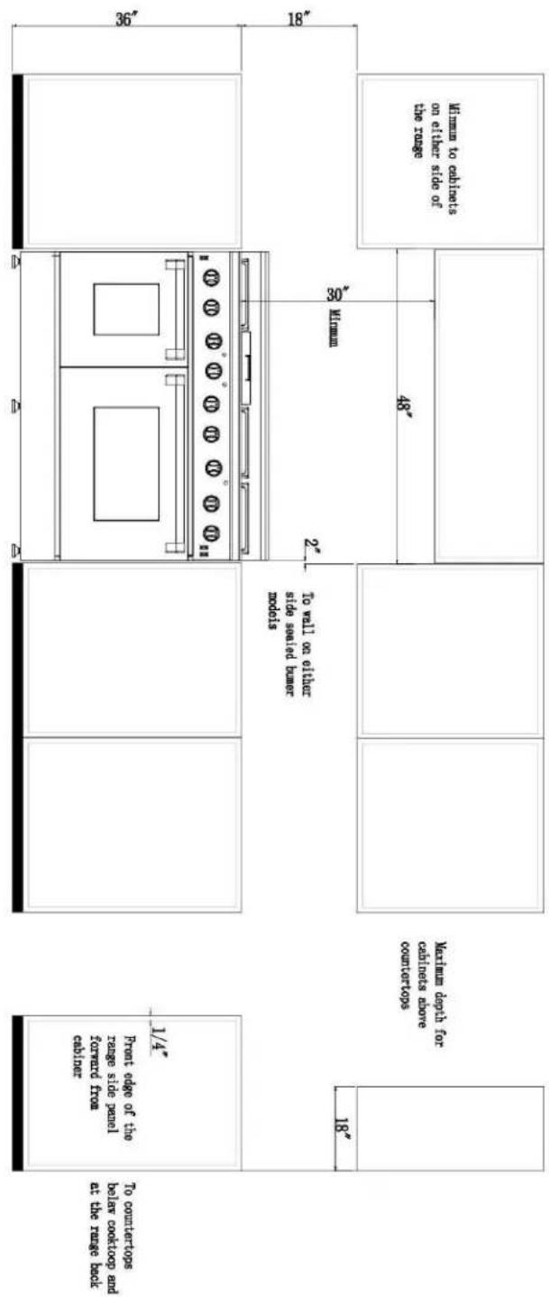 Mimmo to cibches on elitter side of the range 48" 48" 18" 2" 30" 50" 60" 70" 80" 90" 10" wall on either side sealed bumper nodes To wall on either side sealed bumper nodes Front edge of the range side panel turned from cablire To countertops below cooktop and at the range back 1/4" Front edges of the range side panel turned from cablire