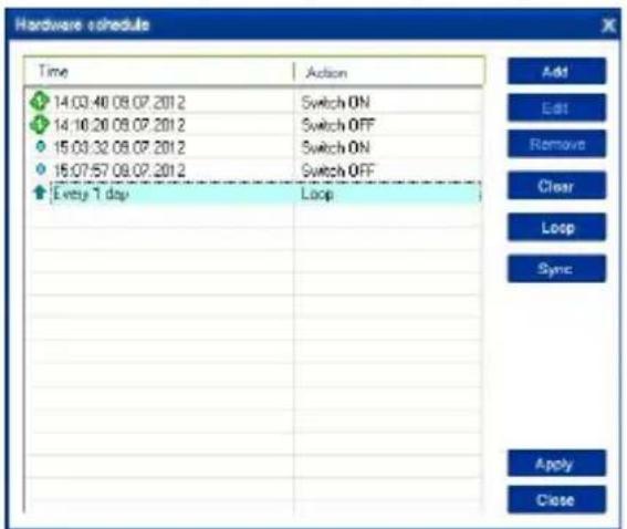 Hardware schedule Time Action 14:03:40 08.07.2012 Switch ON 14:10:20 08.07.2012 Switch OFF 15:03:32 08.07.2012 Switch ON 15:07:57 08.07.2012 Switch OFF Every 1 day Loop Add Edit Remove Clear Loop Sync Apply Close