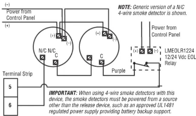 (-) Power from Control Panel (+) N/C N/C C (-) (+) (+) (-) C (-) Terminal Strip 5 6 NOTE: Generic version of a N/C 4-wire smoke detector is shown. Power from Control Panel (+) (+) (-) LMEOLR1224 12/24 Vdc EOL Relay Purple IMPORTANT: When using 4-wire smoke detectors with this device, the smoke detectors must be powered from a source other than the release device, such as an approved UL1481 regulated power supply providing battery backup support.