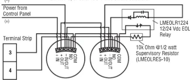 Power from Control Panel (+) Terminal Strip 3 4 LMEOLR1224 12/24 Vdc EOL Relay 10k Ohm @1/2 watt Supervisory Resistor (LMEOLRES-10)