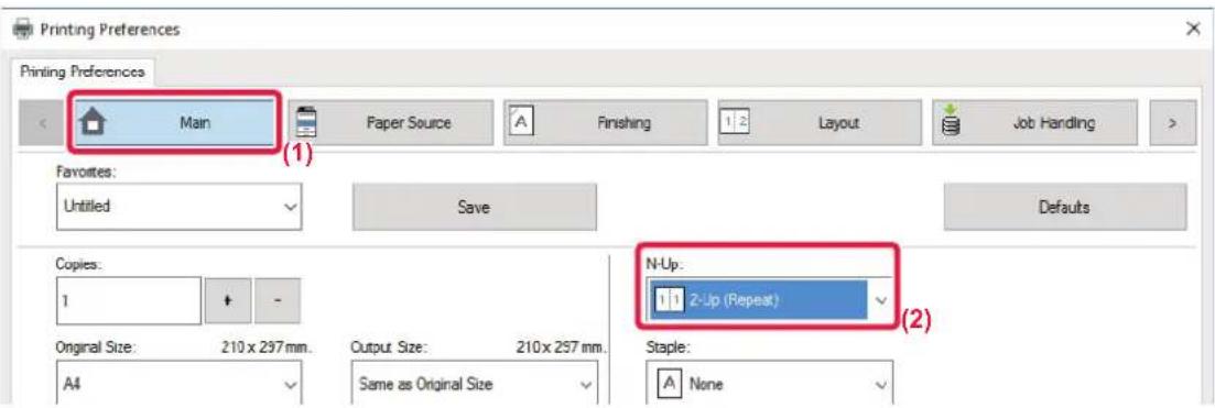 Printing Preferences Printing Preferences < Main Paper Source Finishing Layout Job Handling > Favorites: Untitled Save Defaults Copies: 1 - N-Up: 10 2-Up (Repeat) Original Size: 210 x 297 mm. Output Size: 210 x 257 mm. Staple: A4 Same as Original Size None