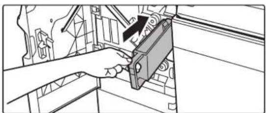 Line drawing of a hand operating a mechanical device with a black arrow indicating the component.
