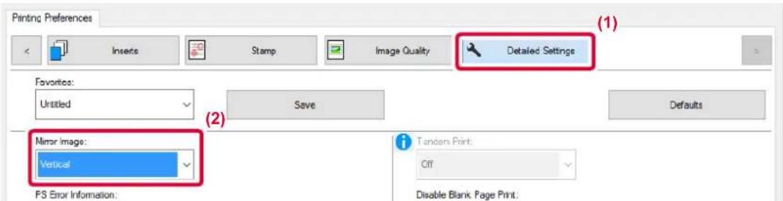 Printing Preferences Inserts Stamp Image Quality Detailed Settings Favorites: Untitled Save Defaults Mirror Image: Vertical PS Error Information: Tandem Print: Off Disable Blank Page Print: