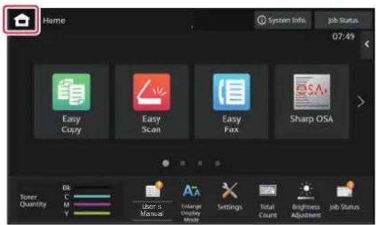 Home System Info. Job Status 07:49 Easy Copy Easy Scan Easy Fax Sharp OSA Toner Quantity Bk C M Y User's Manual Voltage Display Mode Settings Total Count Brightness Adjustment Job Status
