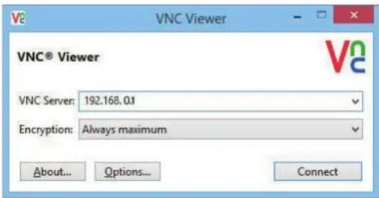 VNC Viewer VNC® Viewer VNC Server: 192.168.0.1 Encryption: Always maximum About... Options... Connect