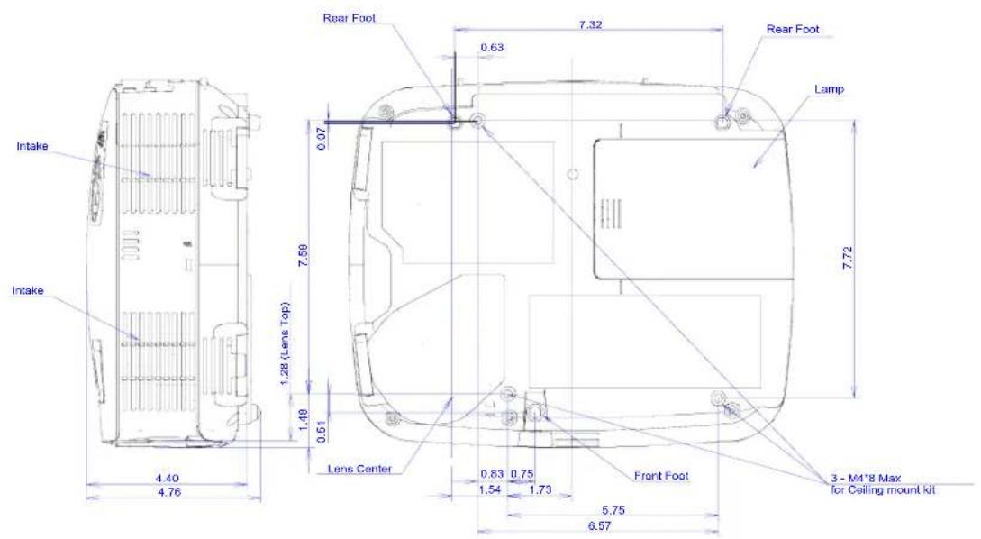 Rear Foot 0.63 7.32 Rear Foot Lamp 7.72 0.07 7.59 1.28 (Lens Top) 1.48 0.51 Lens Center 0.83 0.75 Front Foot 1.54 1.73 5.75 6.57 4.40 4.76 3 - M4*8 Max for Ceiling mount kit
