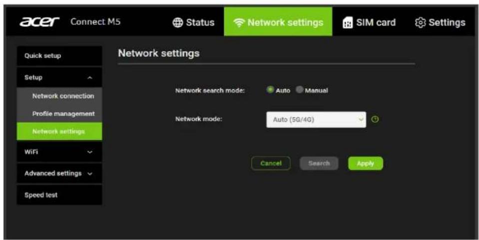 acer Connect M5 Status Network settings SIM card Settings Quick setup Setup Network connection Profile management Network settings WiFi Advanced settings Speed test Network settings Network search mode: Auto Manual Network mode: Auto (5G/4G) Cancel Search Apply