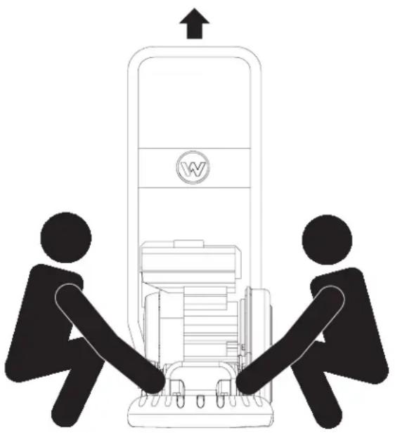Illustration of two figures assembling a mechanical device with an upward arrow (no text or symbols)