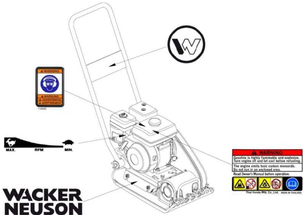 WARNING A /WEETENOM A PARTISSEMENT T18085 MAX. RPM MIN. WACKER NEUSON WARNING Gasoline is highly flammable and explosive. Turn engine off and let coil before refueling. The engine emits toxic carbon monoxide. Do not run in an enclosed area. Read Owner's Manual before operation. Thai Honda Mfg. Co.,…