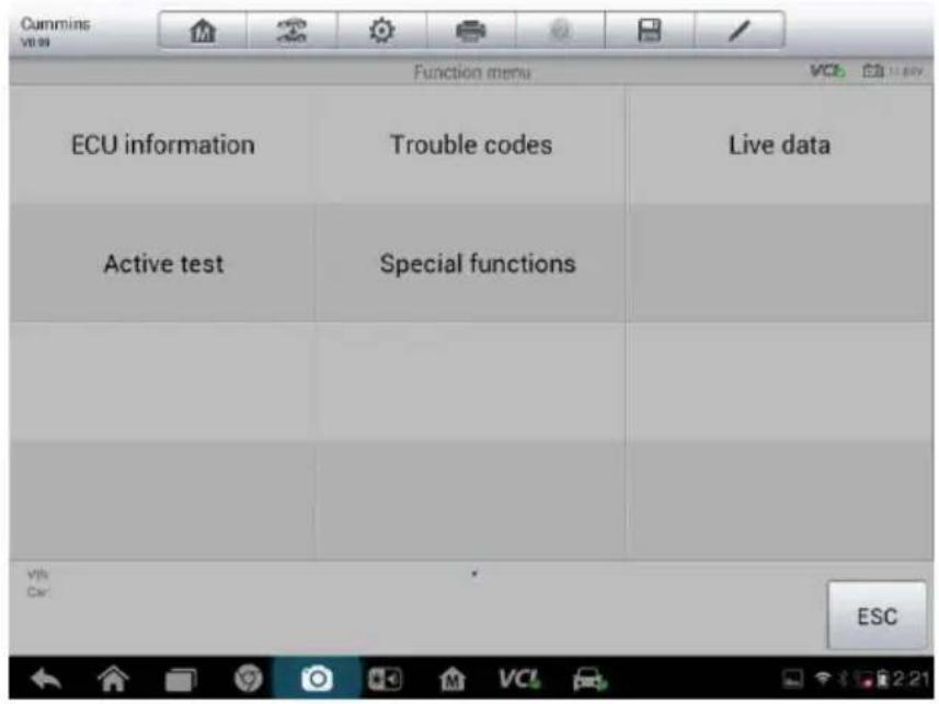 Cummins V0.09 Function menu ECU information Trouble codes Live data Active test Special functions Vth Car: ESC