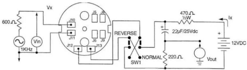 600Ω Vin 1KHz Vx J10 J5 J8 J11 J12 J6 J9 J13 REVERSE SW1 NORMAL 220Ω 470Ω ½W + - Ix 22μF/25Vdc + - Vout 12VDC