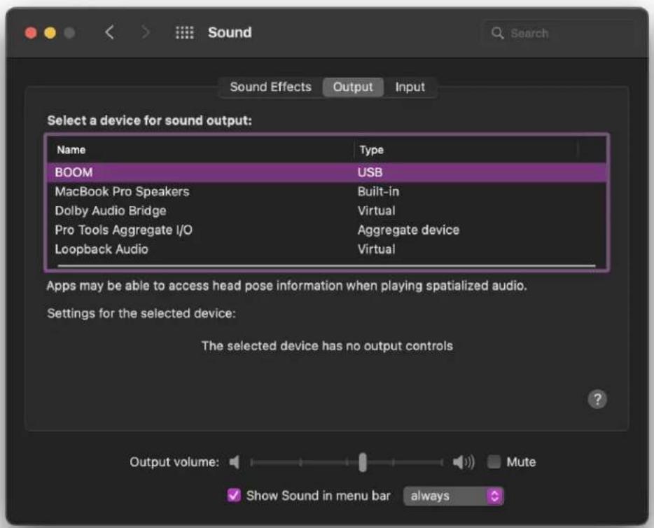 Sound Effects Output Input Select a device for sound output: Name Type BOOM USB MacBook Pro Speakers Built-in Dolby Audio Bridge Virtual Pro Tools Aggregate I/O Aggregate device Loopback Audio Virtual Apps may be able to access head pose information when playing spatialized audio. Settings for the selected device: The selected device has no output controls Output volume: Mali Mute ✓ Show Sound in menu bar always