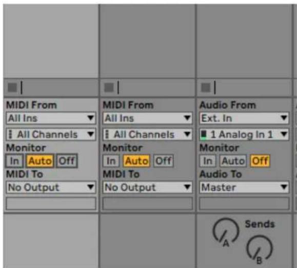 MIDI From All Ins All Channels Monitor In Auto Off MIDI To No Output MIDI From All Ins All Channels Monitor In Auto Off MIDI To No Output Audio From Ext. In 1 Analog In 1 Monitor In Auto Off Audio To Master Sends