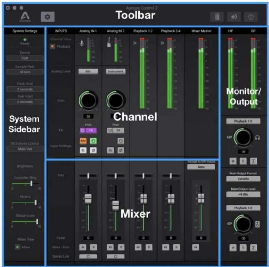 Apogee Control 2 Toolbar System Settings Ready Device Dust Sample Rate 48 kHz Peak Hold 2 seconds Over Hold 2 seconds System Sidebar OS Volume Control Main Out Brightness Controller Ring 0 10 Meters 0 10 Stellar Icons 0 10 Mixer View Mixer INPUTS Analog IN 1 Analog IN 2 Playback 1-2 Playback 3-4 Mixer Master Channel Input Settings Goin 38 Prest F4 48V SL Instrument Post F4 SL Solid Channel Mixer Faster 0 0 0 0 0 None Assign to UV mode None HP SP Monitor/ Output Playback 1-2 HP -30 U S Main Output Format Variable Main Output Level +4 dBu Playback 1-2 SP -30 U S Σ