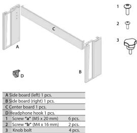 A Side board (left) 1 pcs. B Side board (right) 1 pcs. C Center board 1 pcs. D Headphone hook 1 pcs. 1 Screw "2" (M4 x 20 mm) 6 pcs. 2 Screw "3" (M4 x 16 mm) 2 pcs. 3 Knob bolt 4 pcs.