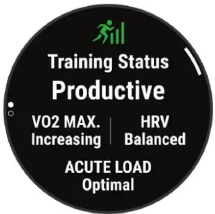 Training Status Productive VO2 MAX. Increasing | HRV Balanced ACUTE LOAD Optimal