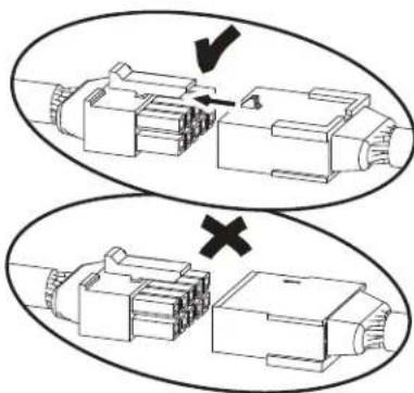 Diagram showing two stages of a connector assembly with arrows indicating process direction and cross symbol