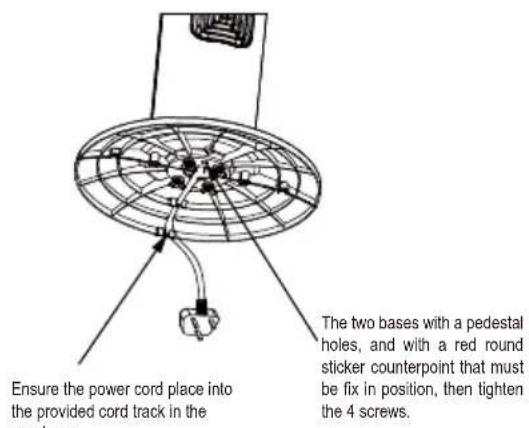 Ensure the power cord place into the provided cord track in the The two bases with a pedestal holes, and with a red round sticker counterpoint that must be fix in position, then tighten the 4 screws.