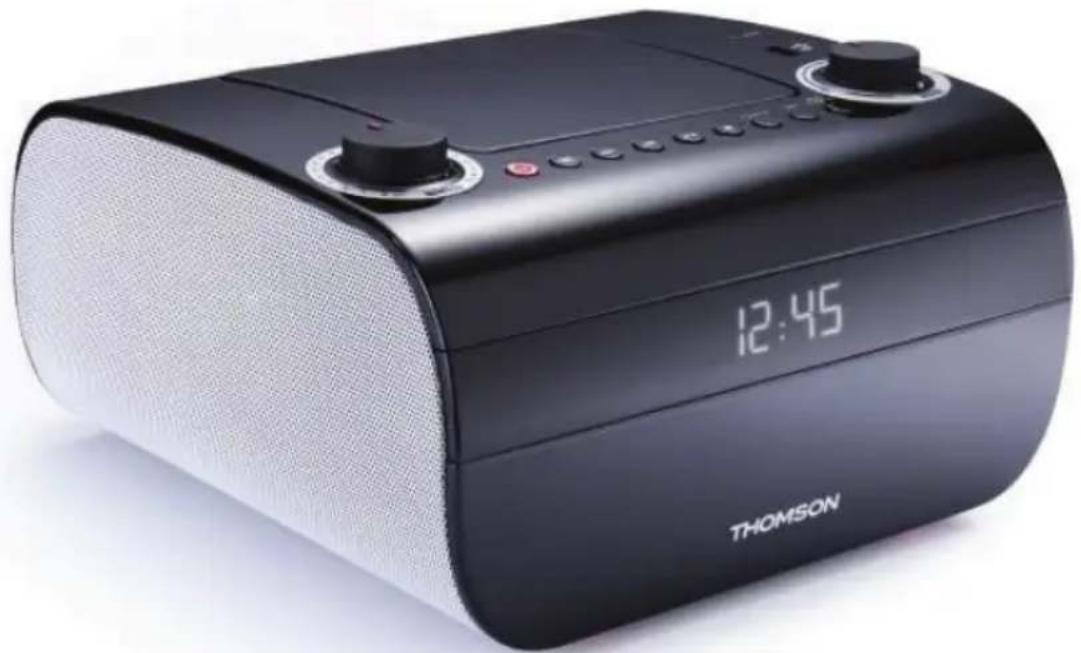 Black THOMSON home audio recording device with digital display showing 12:45 (no text or symbols on device body).