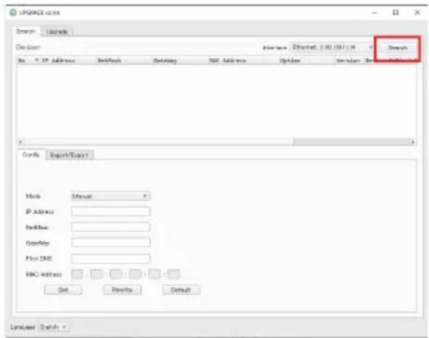 Screenshot of a network configuration interface titled 'UPPGATE code' with search, upgrade, and design options. It shows fields for Name, IP Address, Networks, Defaulting, MAC Address, Update, Settings, Design, Browse, and Export/Export. There are buttons for Mode, Internet, IP address, WebNet, Open…