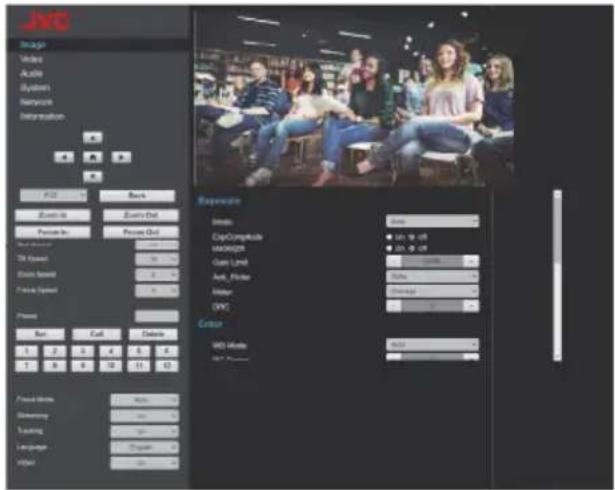 Screenshot of a device control interface with tabs for JMO, Straight, Video, Audio, System, Network, and Information. It shows settings for Audio, Event Out, Focus Out, Tik Speed, Drive Speed, Focus Speed, and buttons for Present, Run..., Call..., Delete. There are numbered items 1-12 and options fo…