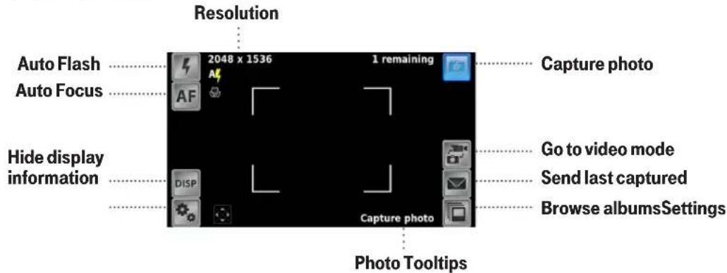 Resolution Auto Flash Auto Focus Capture photo 1 remaining Go to video mode Send last captured Browse albumsSettings Capture photo Photo Tooltips Hide display information DISP Capture photo