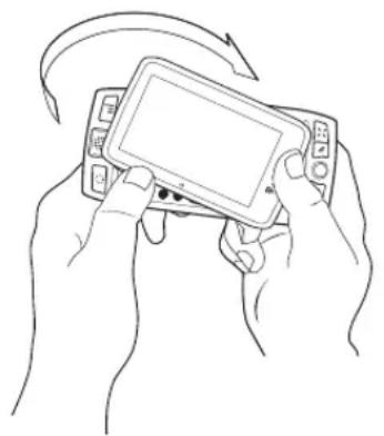 Line drawing of two hands holding a handheld device with an arrow indicating rotation (no text or symbols)
