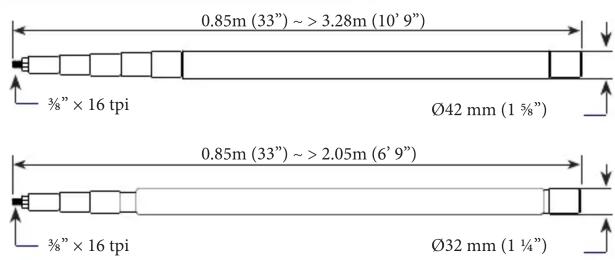 0.85m (33") ~ > 3.28m (10' 9") ¾" × 16 tpi Ø42 mm (1¾") 0.85m (33") ~ > 2.05m (6' 9") ¾" × 16 tpi Ø32 mm (1¼)