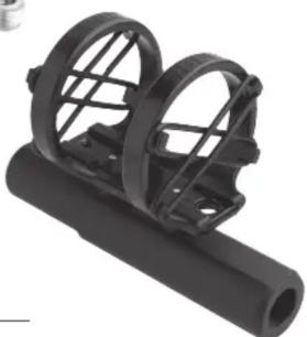 3D rendered mechanical component with two circular brackets and a cylindrical shaft (no text or symbols visible)