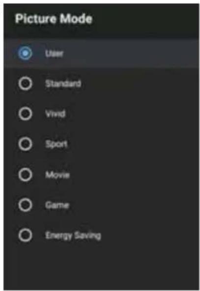 Picture Mode User Standard Vivid Sport Movie Game Energy Saving