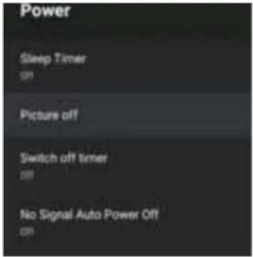 Power Sleep Timer Off Picture off Switch off timer Off No Signal Auto Power Off Off