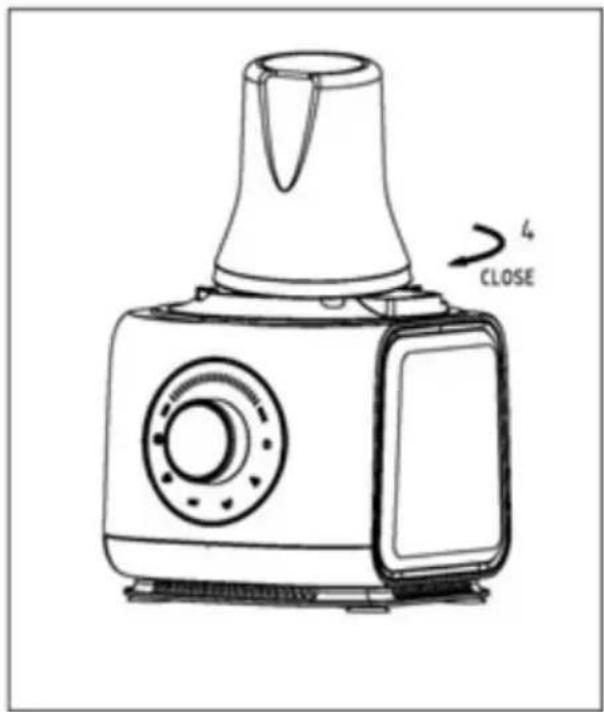 Line drawing of a portable blender with a 4-inch lid and 'CLOSE' label (no text or symbols on the device itself).