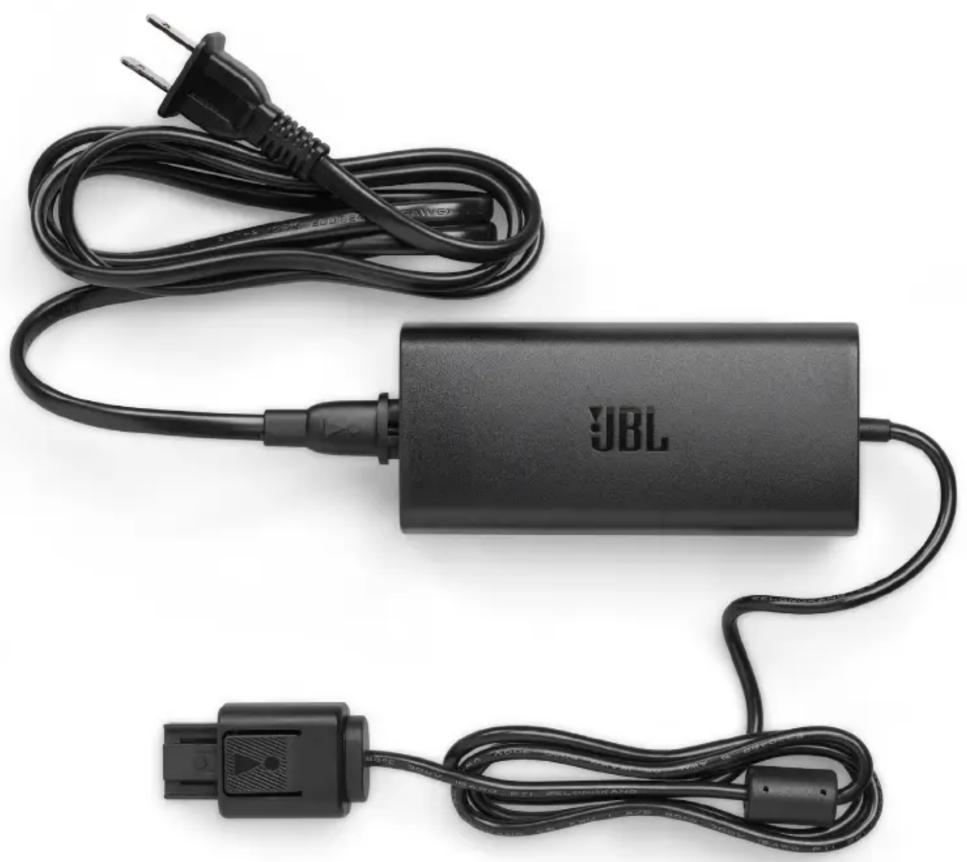 Black JBL brand charger with power cord and cable, no visible text or symbols on body