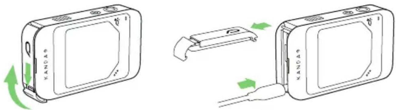 Diagram showing two device states: one with green arrows indicating rotation, the other with green arrows indicating connection to a device.