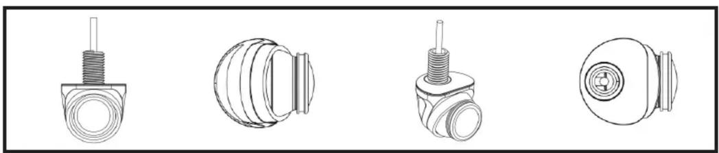 Four technical line drawings of mechanical components, including a threaded bolt, flanged housing, threaded shaft, and circular housing (no text or symbols)