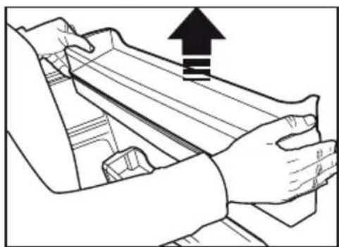 Line drawing of hands operating a mechanical component with an upward arrow indicating motion (no text or symbols)