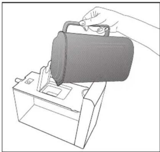Line drawing of a hand using a device to lift a cylindrical container (no text or symbols).