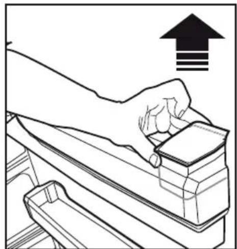 Line drawing of a hand using a tool to lift a stack of objects, with an upward arrow symbol above (no text or labels).