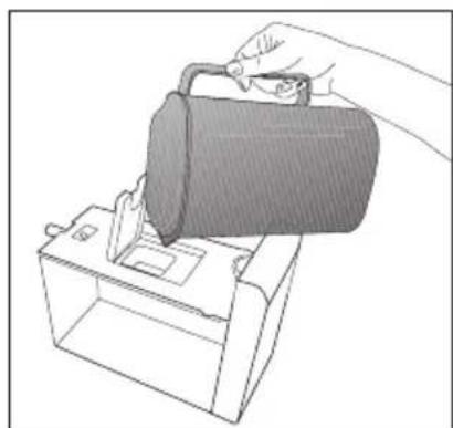 Line drawing of a hand using a portable device to press or install a machine.