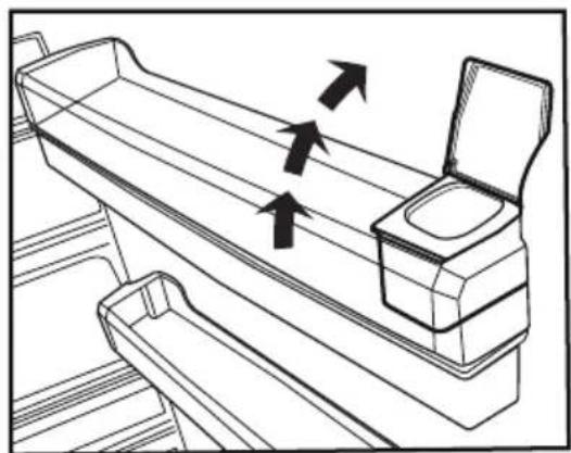 Line drawing of a mechanical device with two compartments and directional arrows indicating motion (no text or symbols)