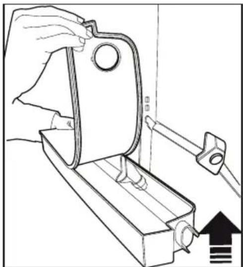Line drawing of a hand operating a mechanical clamp or bracket with a black arrow indicating upward motion (no text or symbols)